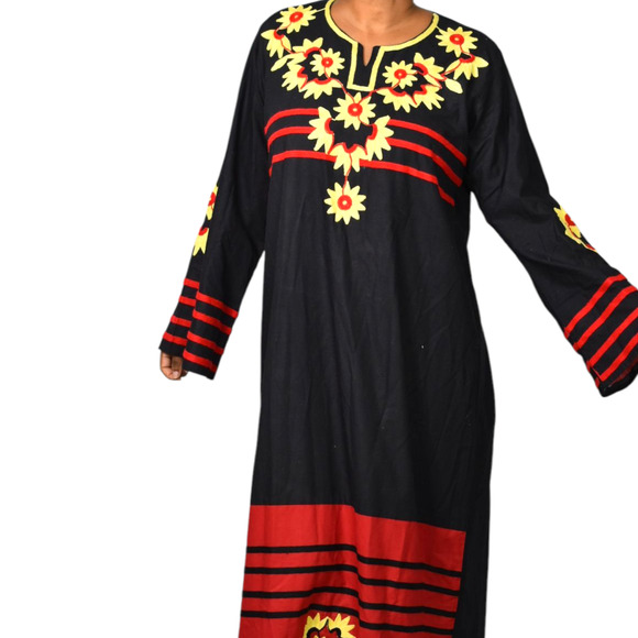 Egyptian Embroidered Caftan Dress Black Long Sleeve Cover Up Tunic Floral Large - Picture 6 of 15